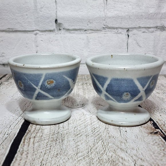 2 Signed Art Pottery Stoneware Pedestal Mugs - Picture 1 of 5